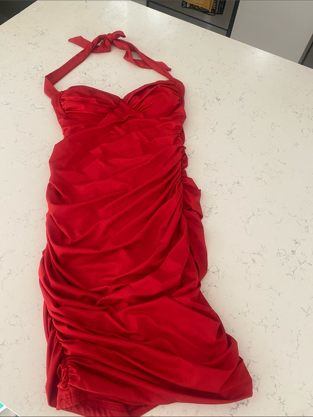 Red Halter Ruched Bodycon Dress - Women